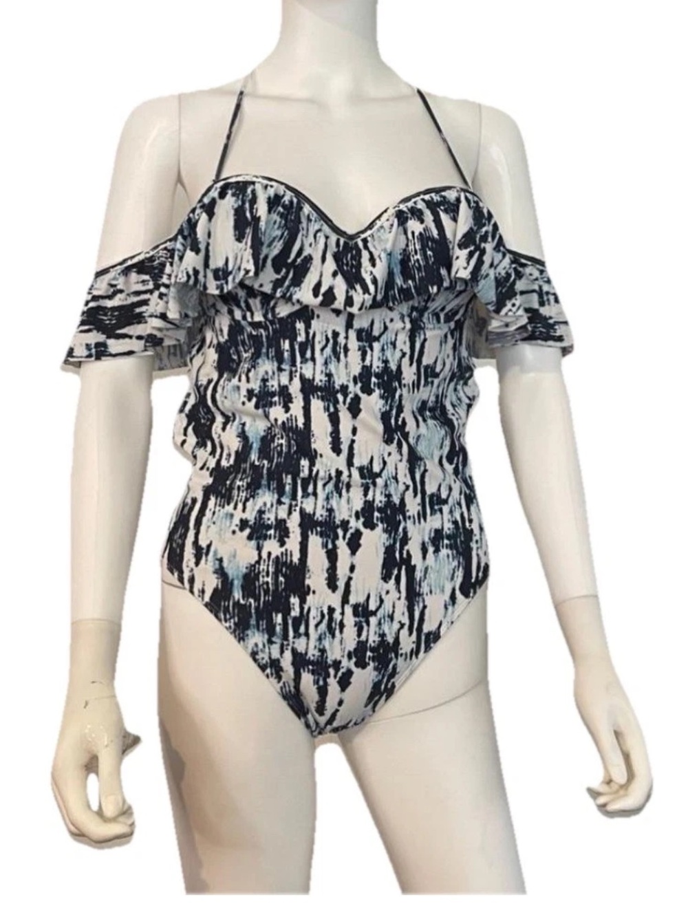 Abercrombie One-Piece Swimsuit Size S Tie Dye Ruffle Cold Shoulder Sleeve Halter
